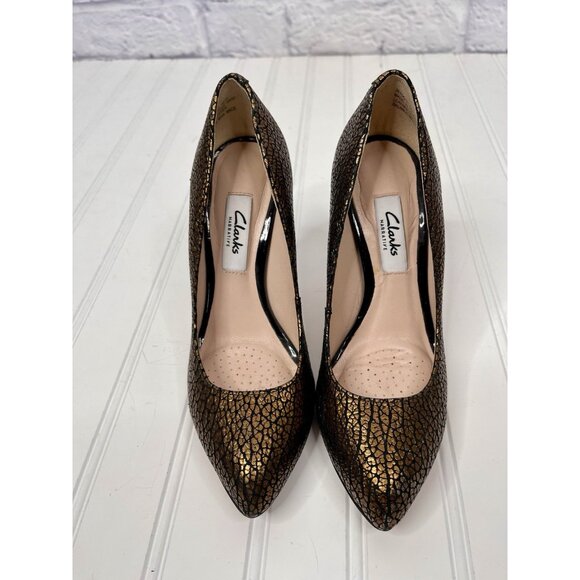 CLARKS Narrative Women's Gold Black Fleck Almond Toe Leather Pumps US 6 - Picture 2 of 6